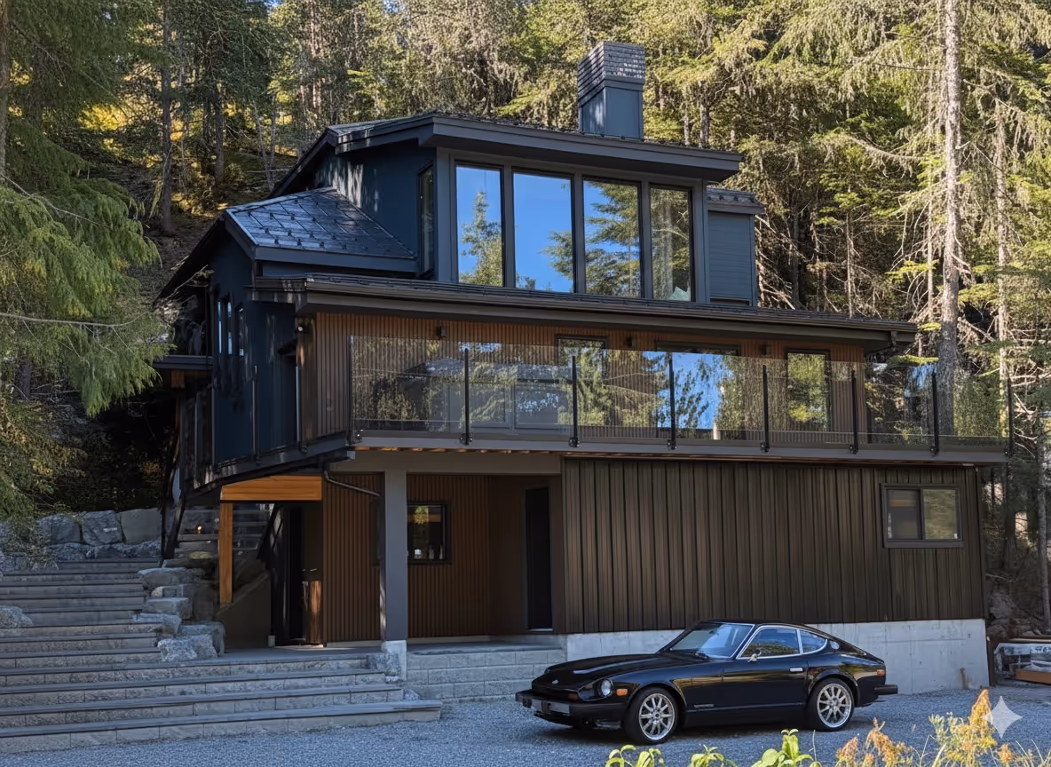 Daytime exterior showing charred cedar siding, metal roof and chimney, vintage sports car in the driveway.